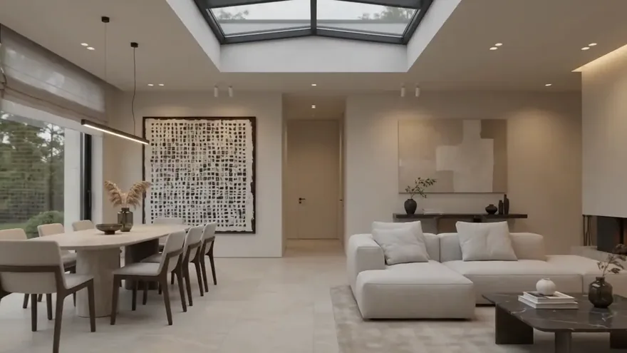 The main living space of a villa, lit from a large roof light